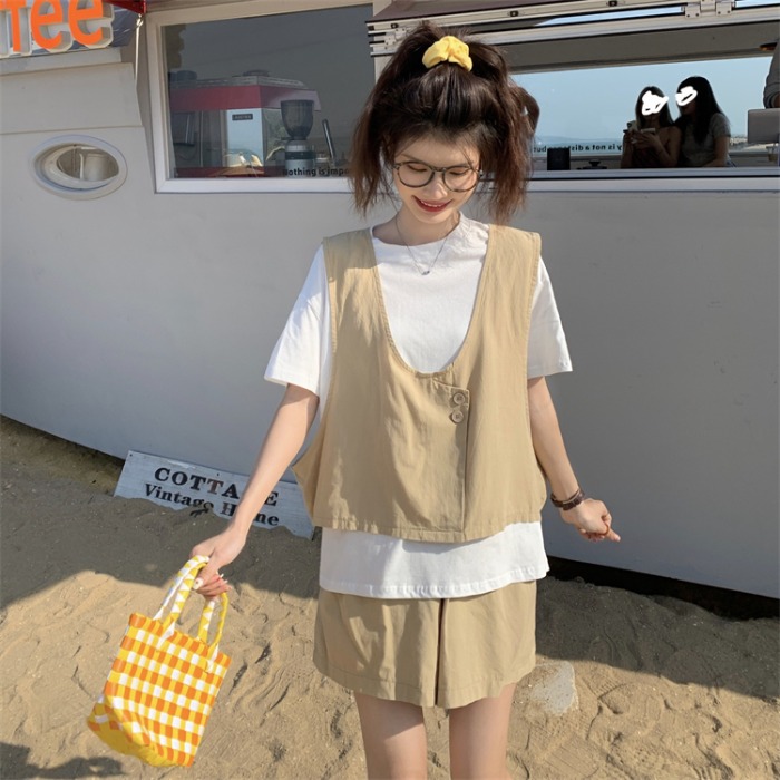 休闲时尚套装女夏季新款设计感小众马甲阔腿短裤两件套ins