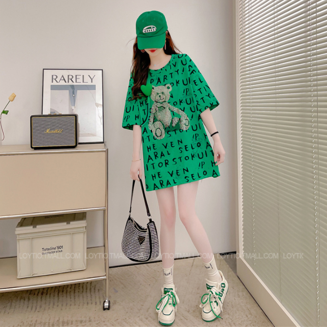 印花字母设计感短袖T恤女新款夏季洋气中长款减龄小熊上衣