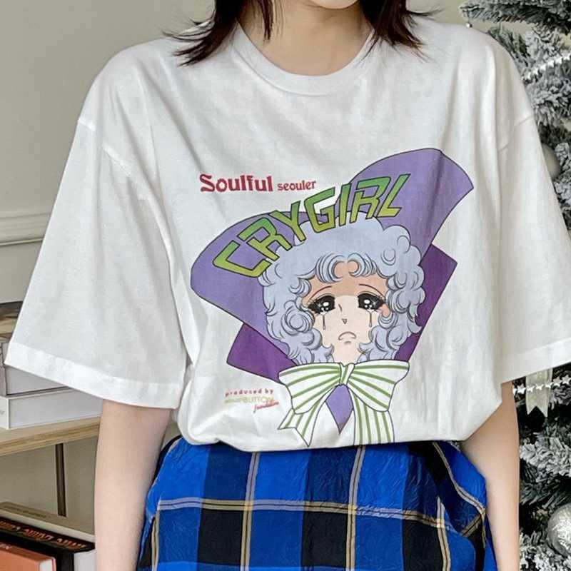 韩国潮牌哭泣美少女漫画印花纯棉短袖T恤