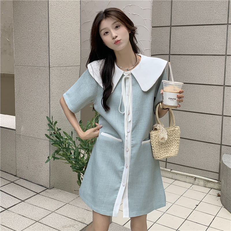 小香风娃娃领连衣裙女夏季新款法式设计感单排扣网红显瘦裙子