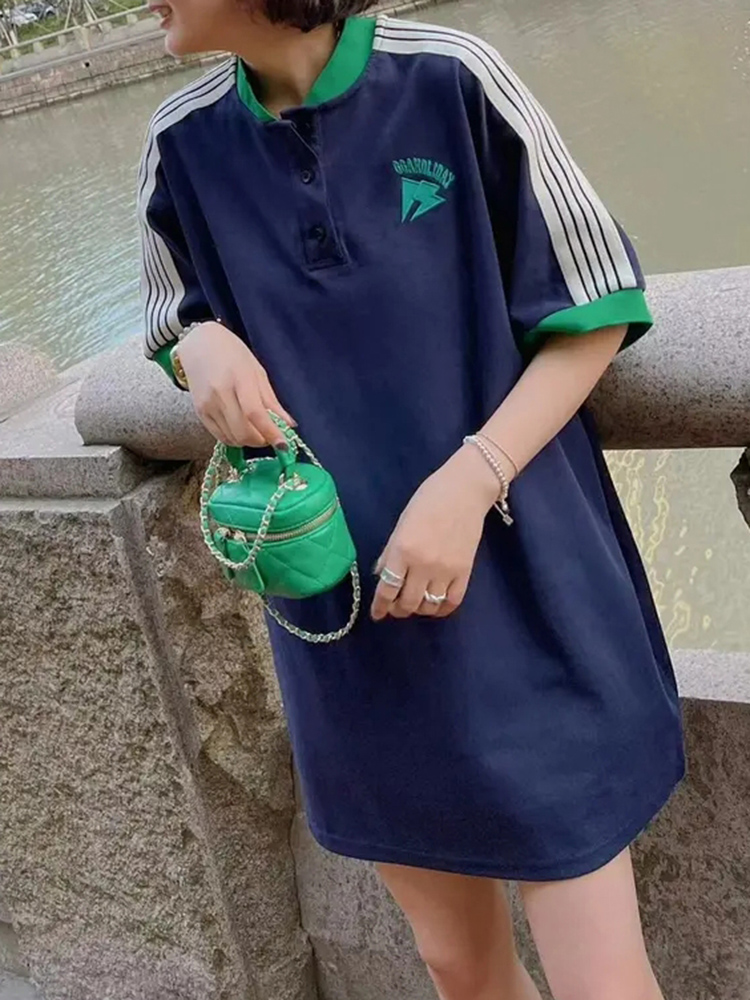 POLO衫T恤连衣裙女夏欧货闪电标蓝绿拼色