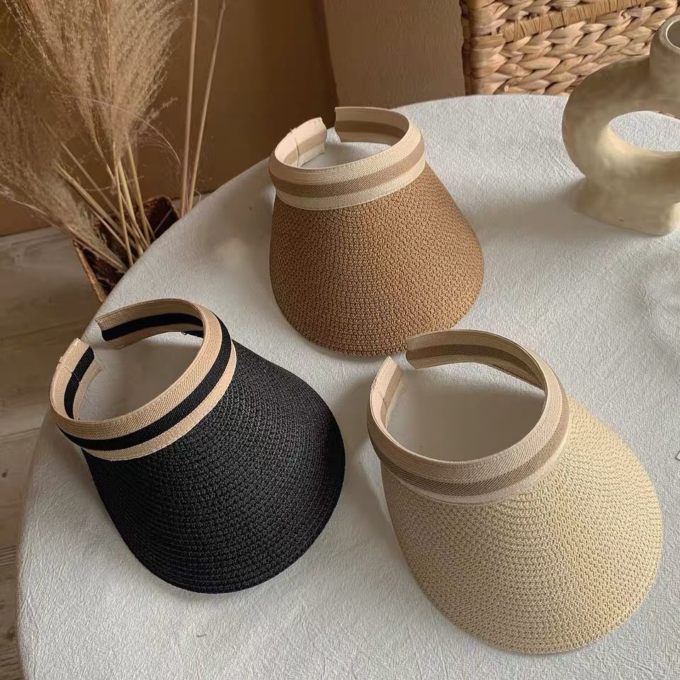 网红草编空顶帽子女夏天户外出游防晒遮阳帽太阳沙滩休闲百搭