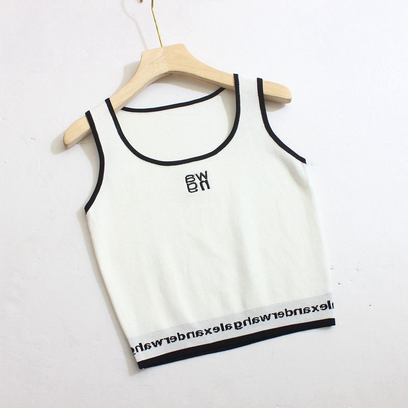 新款欧洲站刺绣字母韩国短款冰丝针织背心百搭吊带内搭