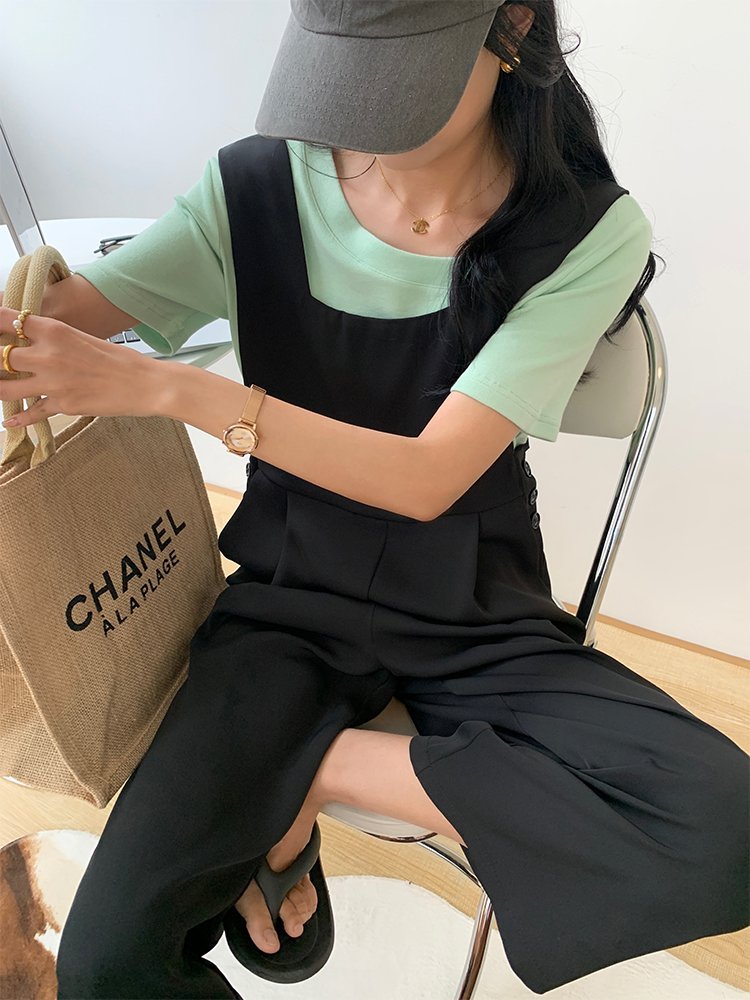 夏季薄款黑色背带裤女韩版直筒宽松显瘦休闲阔腿连体裤子