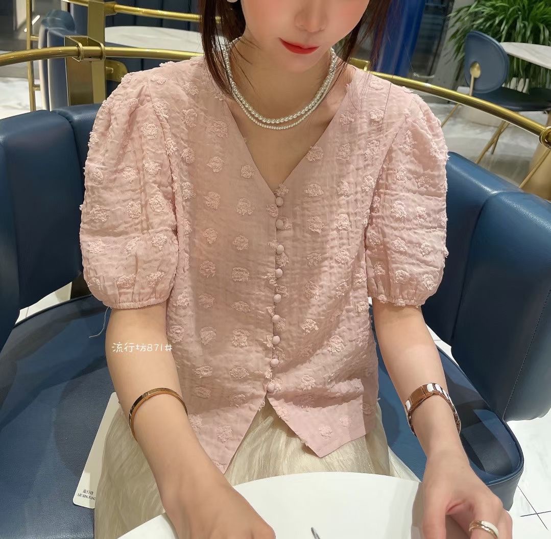 夏款压褶肌理感泡泡袖洋气气质复古V领衬衫上衣潮