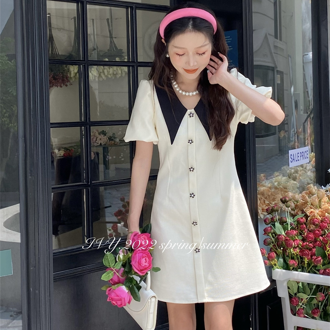 夏季新款女海军领泡泡袖韩版修身显瘦气质小香风甜美连衣裙