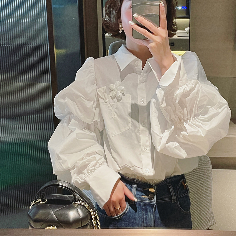 新品女装白色衬衫泡泡袖长袖纯棉设计感小众宽松衬衫潮