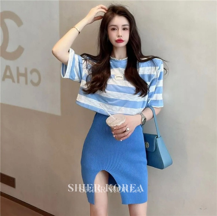 春夏新款 撞色条纹宽松T恤+设计感开叉吊带裙