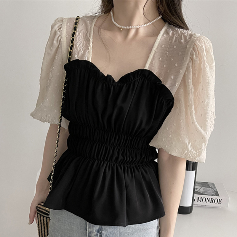 泡泡袖衬衫女夏季设计感小众方领上衣显瘦纯欲松紧高腰短袖雪纺衫