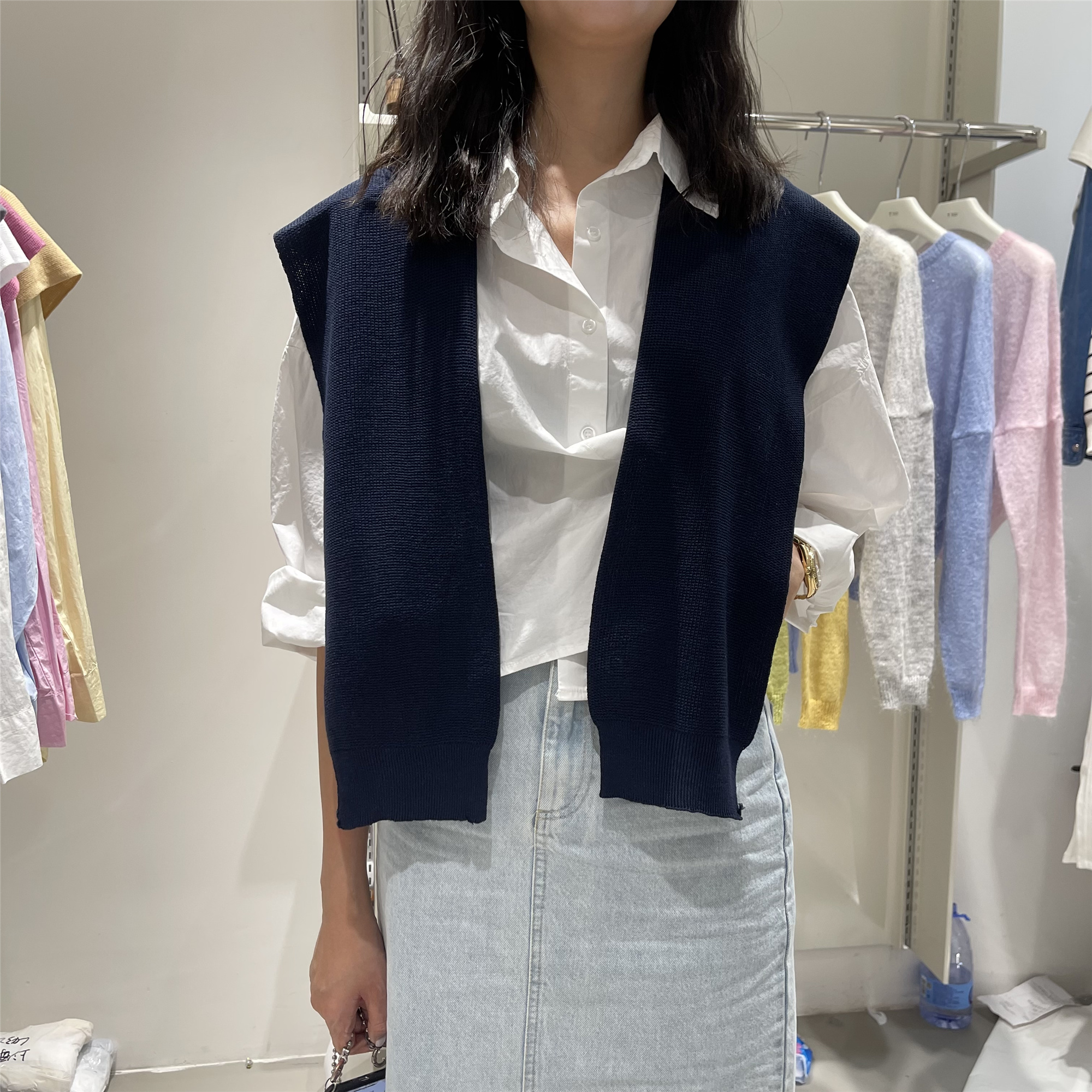 夏季新款韩版宽松洋气休闲百搭短款针织披肩衬衫两件套女