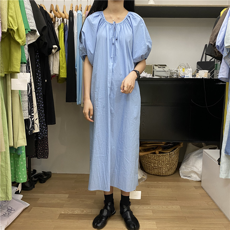 夏季韩版宽松简约慵懒减龄遮肚显瘦圆领纯色连衣裙女