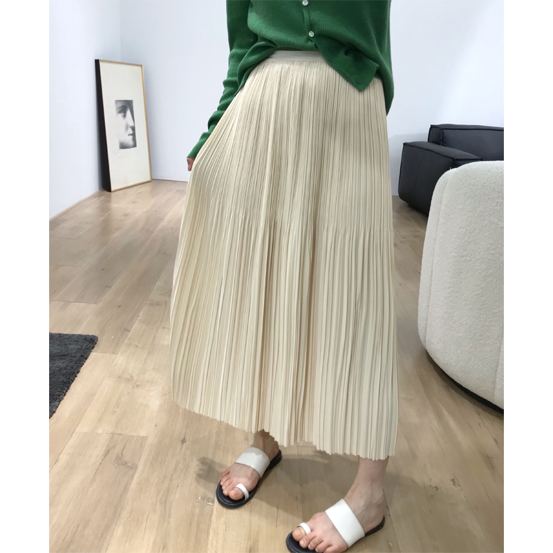 韩国洋气百搭雪纺半身裙女高腰显瘦垂感纯色中长A字百褶裙