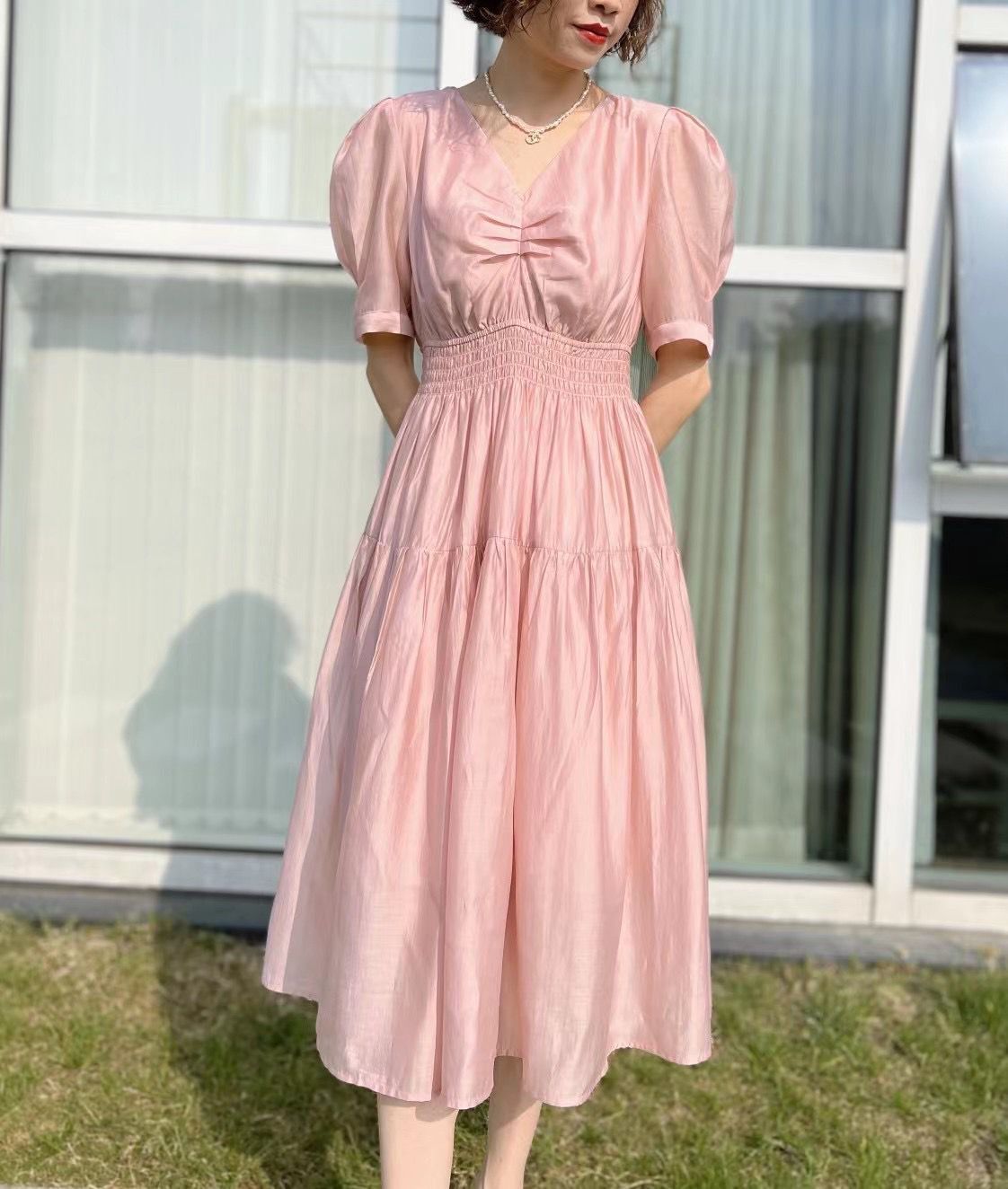 气质天丝连衣裙夏季V领松紧腰设计感裙子