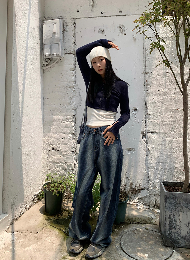 小众设计晕染色高腰牛仔裤女新款宽松显瘦显高直筒老爹裤