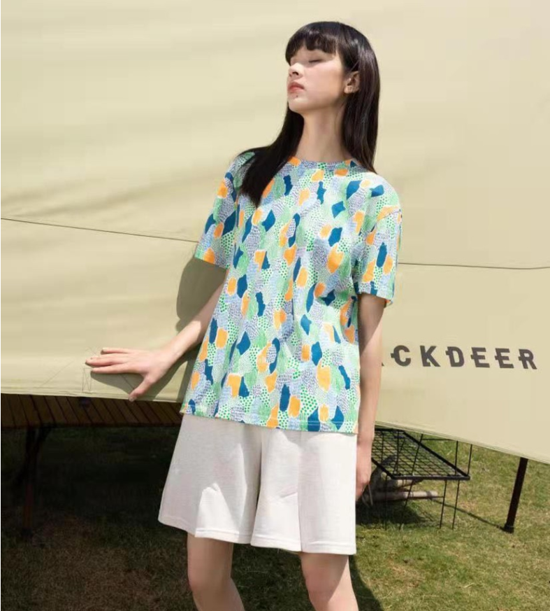 韩国东大门新款宽松复古小众彩色印花短袖T恤上衣女