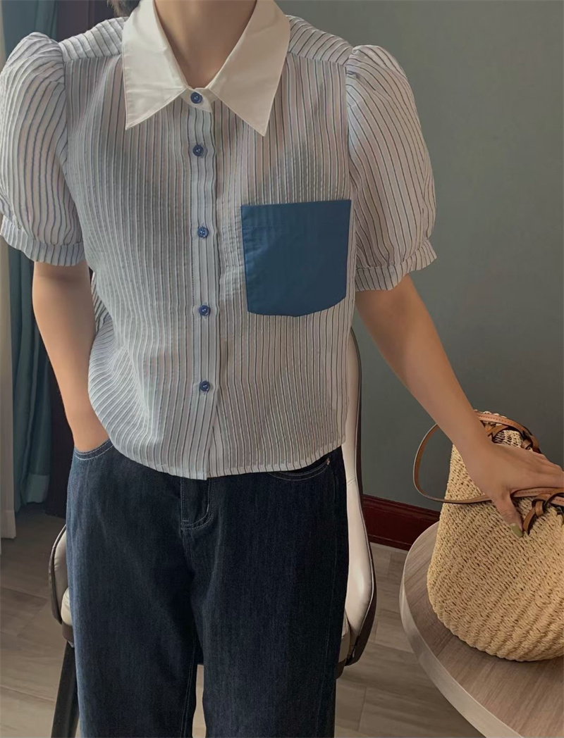 国际复古蓝色条纹衬衫女设计感小众百搭新款泡泡袖上衣女