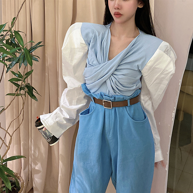 新款韩版设计感时尚交叉扭结V领衬衫