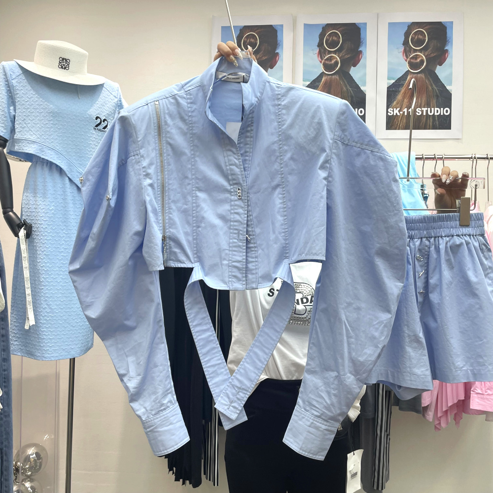 韩版新款设计感小众长袖露腰衬衫松紧腰短裤两件套