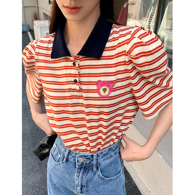 针织条纹T恤女夏薄款新款Polo领短袖休闲时尚辣妹穿搭