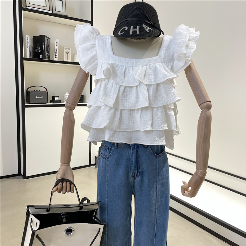 甜美气质层层荷叶边飞飞袖上衣女夏季新款露背绑带方领蛋糕衫