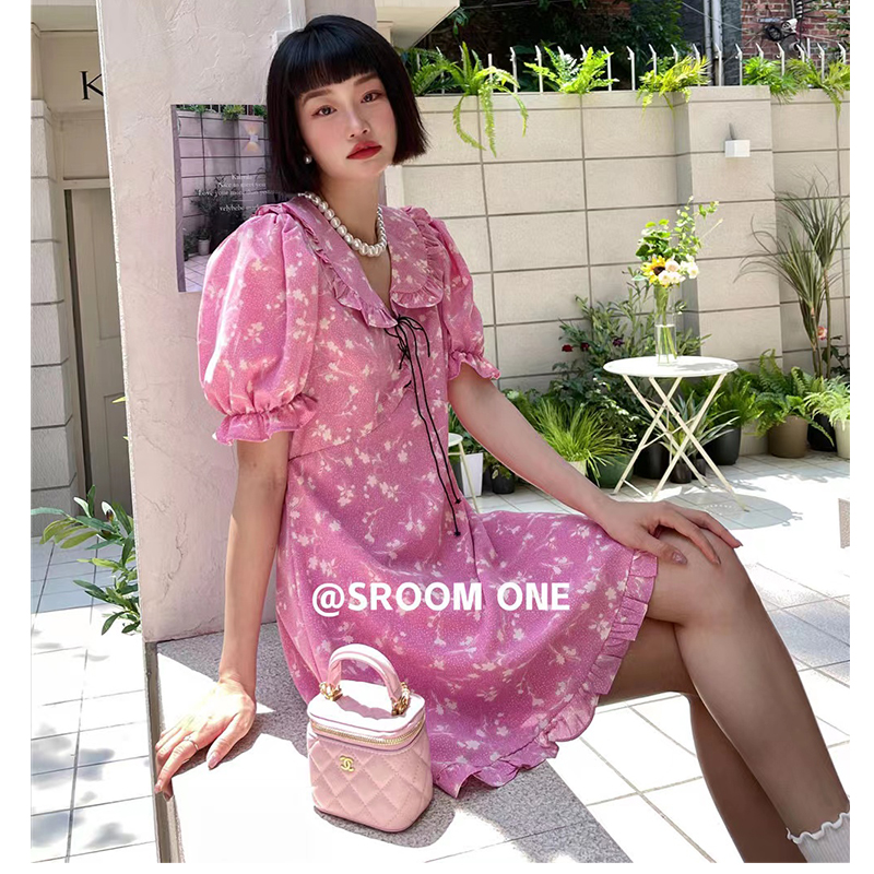 polo连衣裙女夏法式碎花高腰泡泡袖雪纺a字裙小众设计感