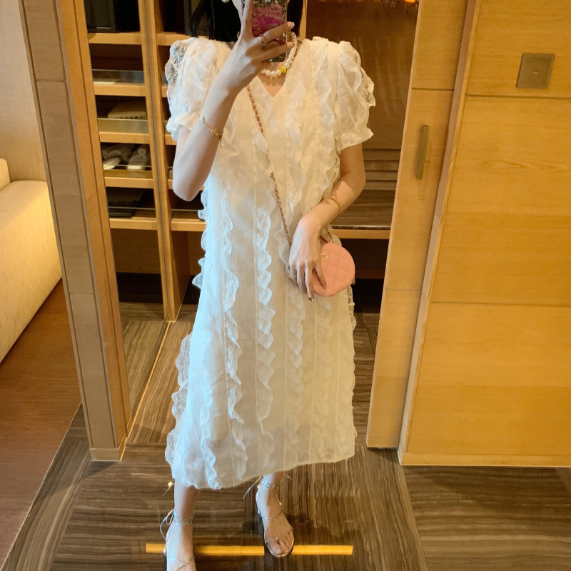 仙女风蕾丝层层V领显瘦飘逸长款连衣裙女