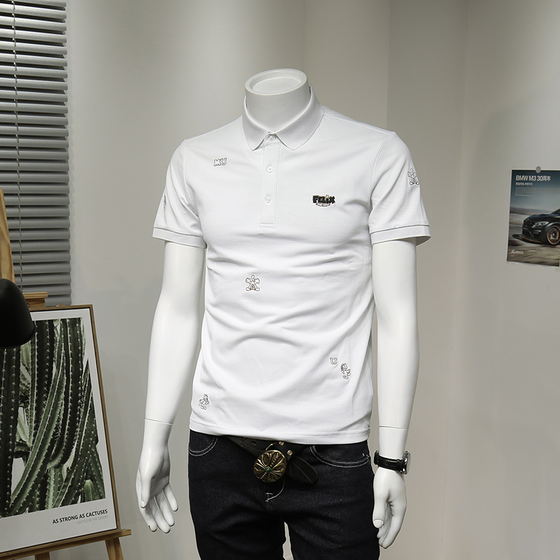 清新水蓝色菠萝衫韩版休闲短袖T恤男 帅气青年商务刺绣翻领polo衫