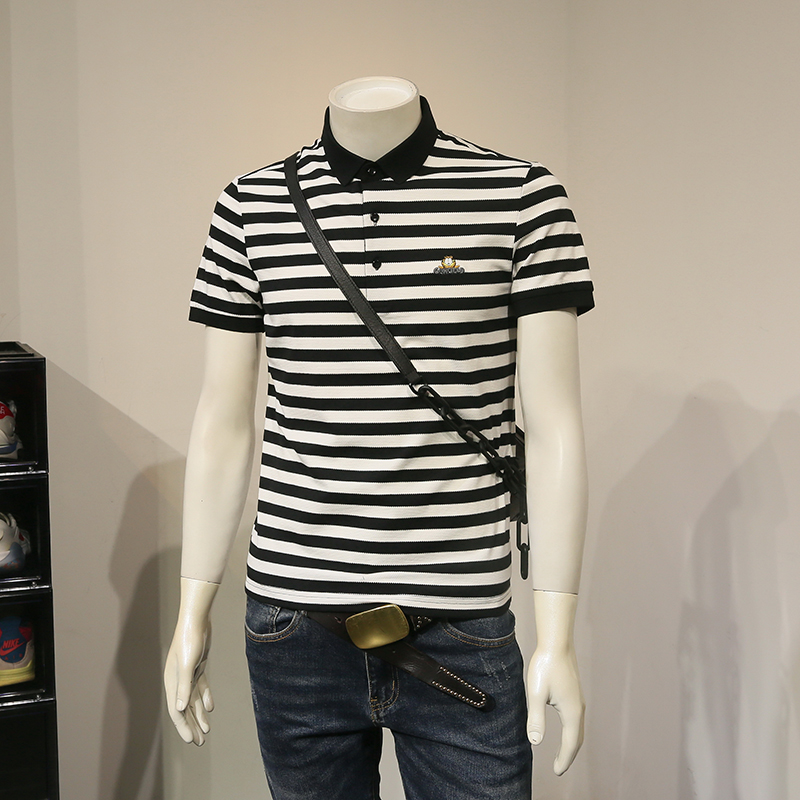 加菲猫卡通刺绣男士条纹polo衫男撞色翻领青年打底t恤短袖男潮流