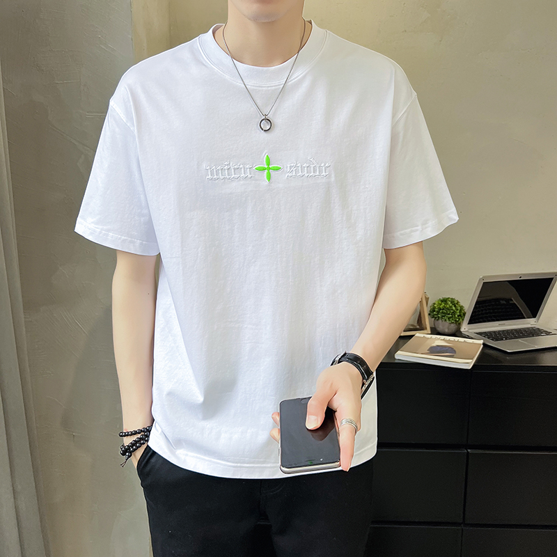 男士短袖T恤夏季潮牌宽松简约刺绣打底衫薄款冰丝上衣