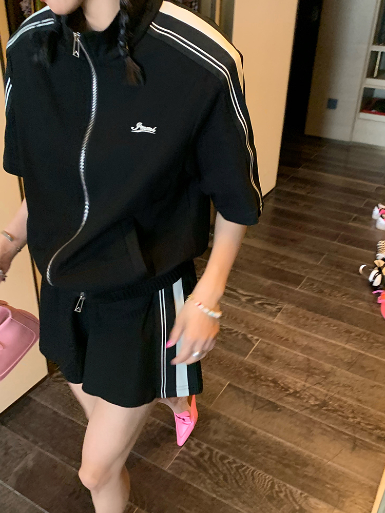 黑色运动套装女夏季短袖外套运动服两件套+松紧腰短裤