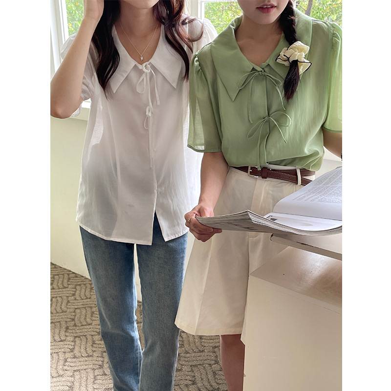 2夏季韩版新品翻领上衣宽松百搭休闲短袖气质衬衫