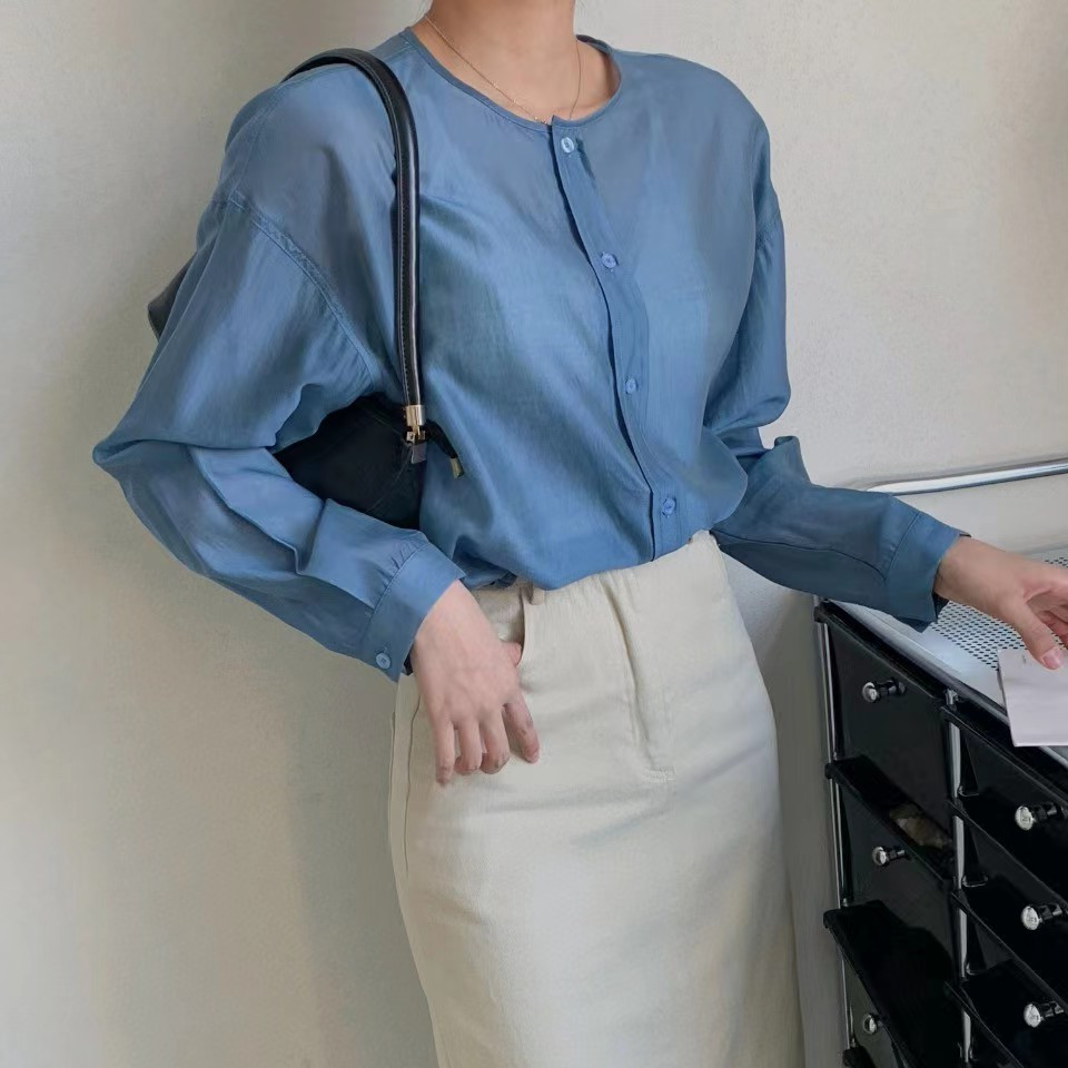 港味薄款长袖复古圆领防晒衫夏季新品纯色高级感时尚衬衫女
