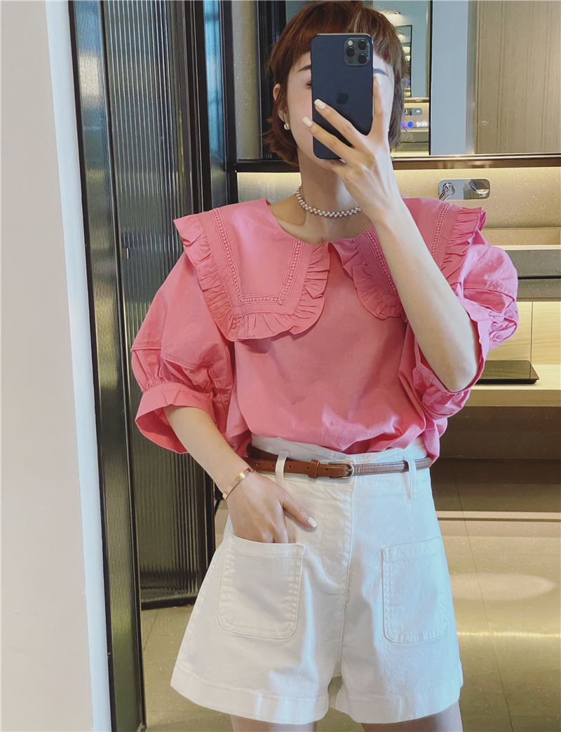 夏季时尚可爱范纯色百搭褶皱木耳边娃娃领衬衣