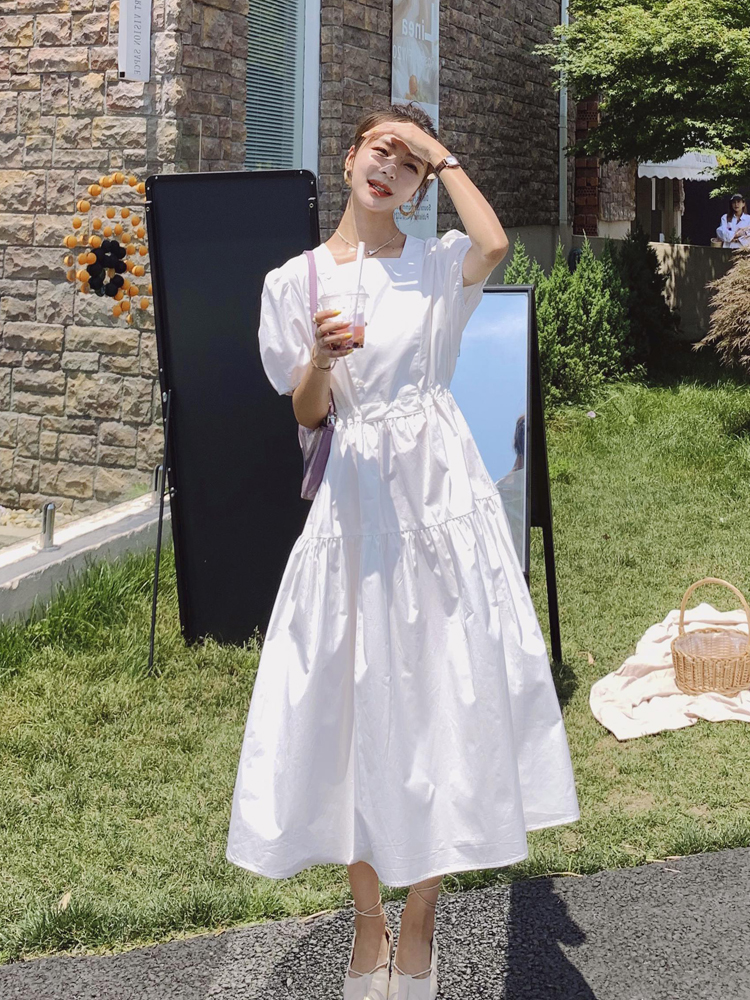 白色高级感连衣裙女夏季新款韩版法式温柔风chic初恋中长裙子