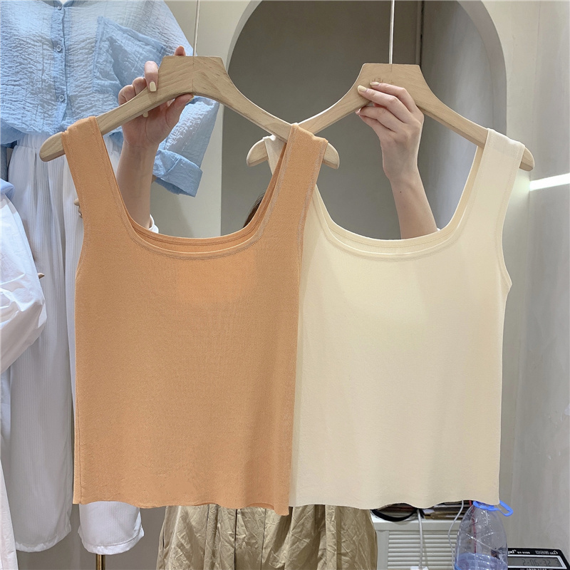 新款修身百搭纯色方领冰丝短款针织吊带无袖外穿背心女