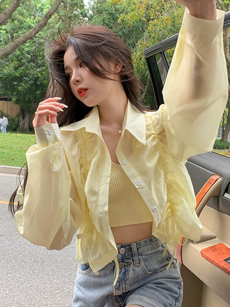 短款抽褶衬衫女设计感小众夏季新款韩版甜辣长袖防晒开衫上衣