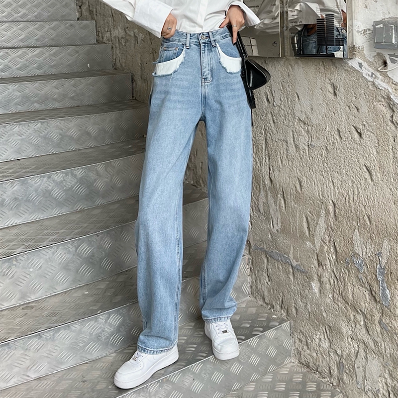 浅蓝色直筒牛仔裤女夏新款高腰宽松显瘦阔腿小个子拖地裤