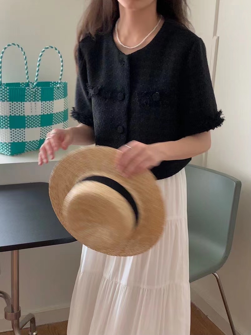 小香风外套女短袖夏季款设计感口袋粗花呢短款开衫