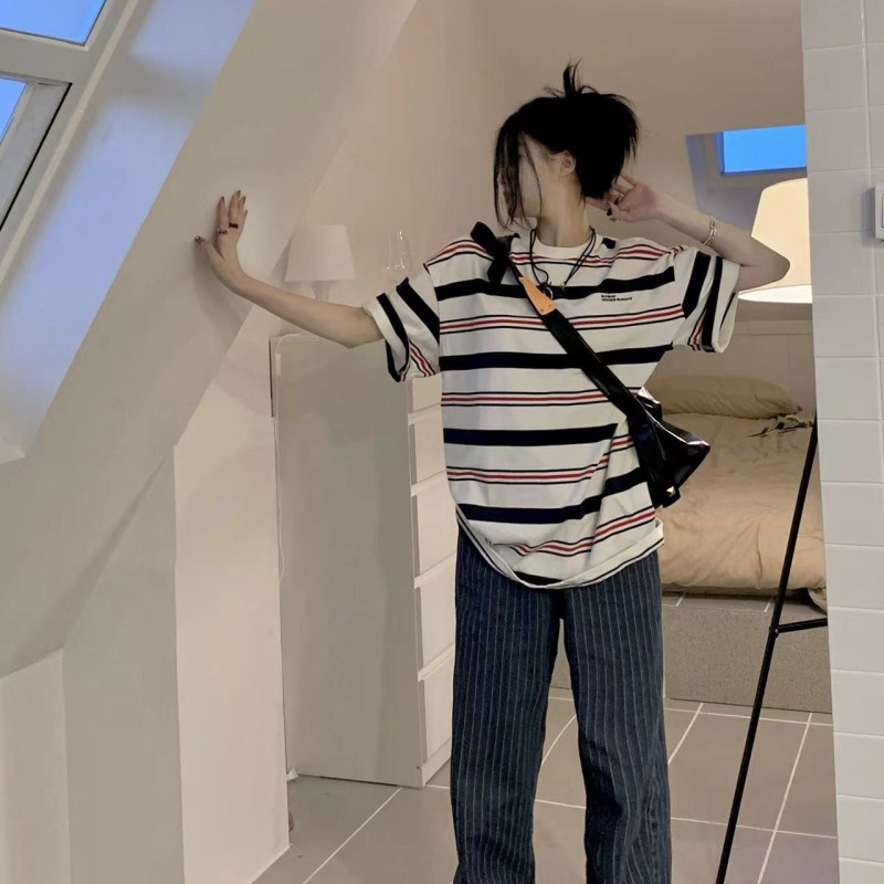 圆领短袖宽松条纹撞色学院风夏季上衣小众中长款女套头t恤设计感