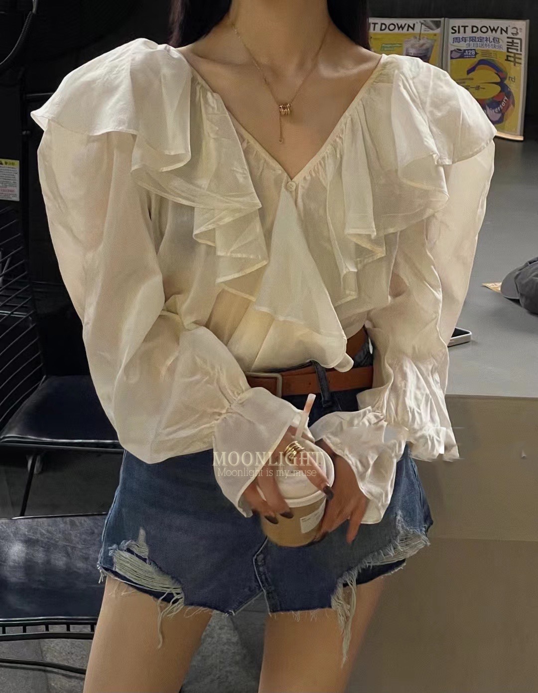 夏季新款韩版翻领荷叶边褶皱宫廷风宽松泡泡袖长袖衬衫女