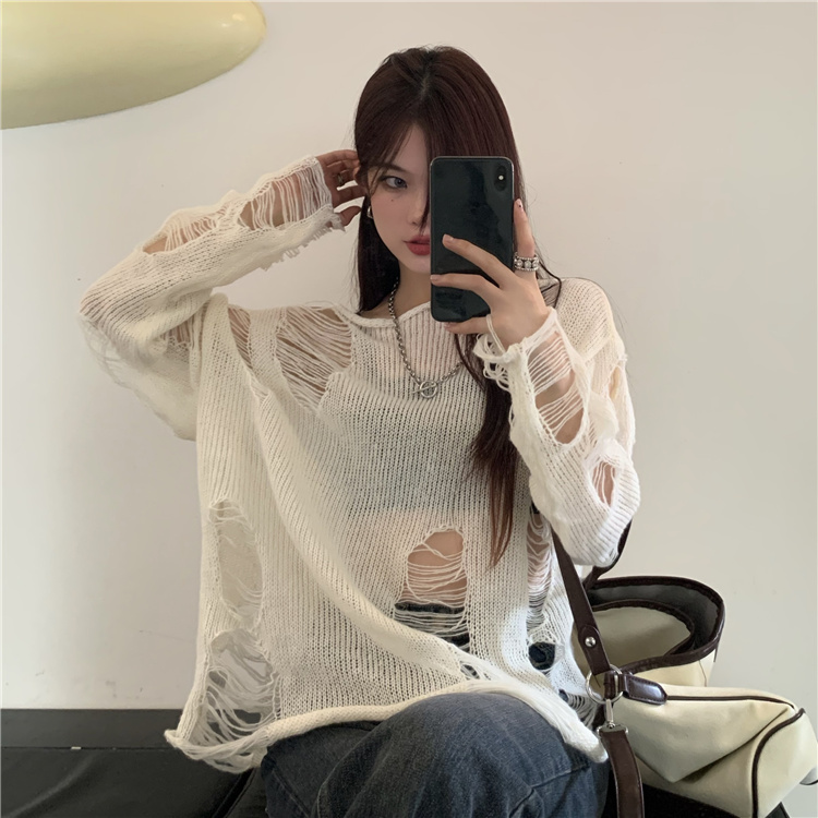 白色卷边破洞针织衫女夏季薄款新款宽松设计感罩衫镂空上衣潮