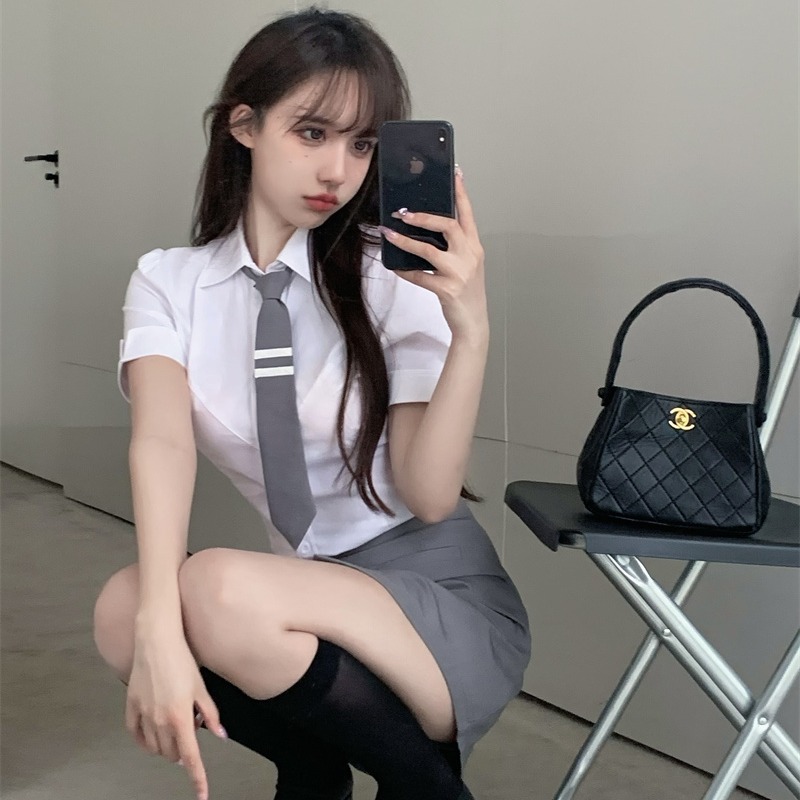 韩版学姐修身衬衫夏洋气收腰性感辣妹高腰包臀裙时尚工作服两件套