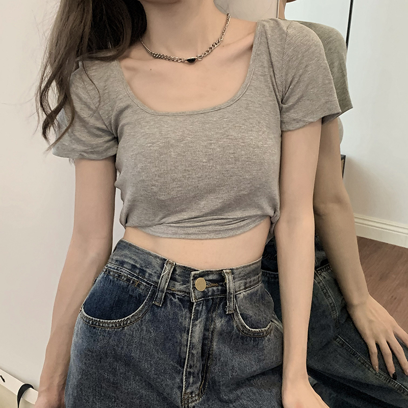 修身显瘦方领简约纯色T恤