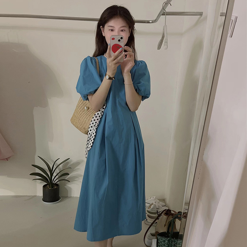 夏季新款法式气质时尚纯色V领泡泡袖收腰显瘦连衣裙女
