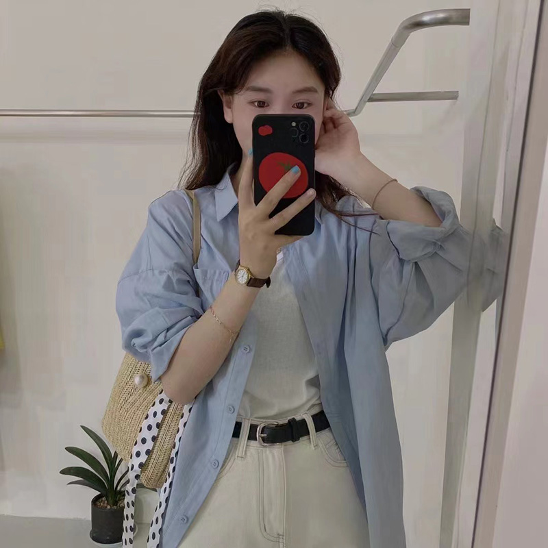 设计感小众蓝色长袖衬衣女夏季上衣防晒