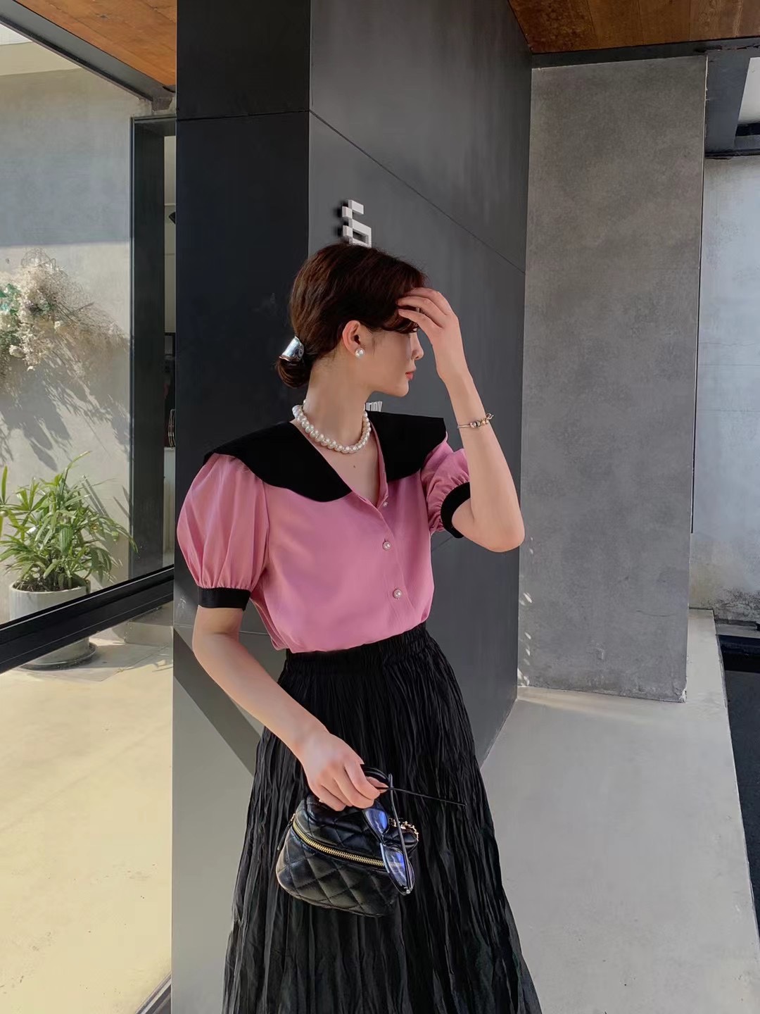 娃娃领撞色拼接短袖T恤衬衣女夏季新款韩版宽松