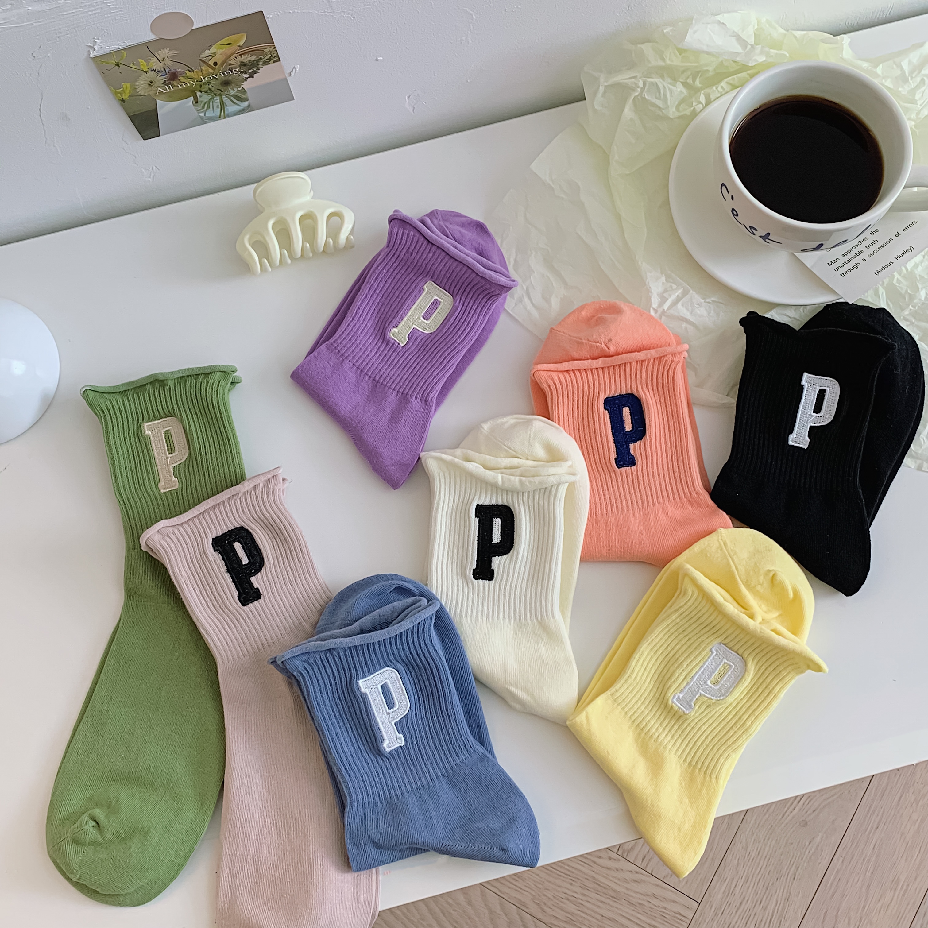 糖果色春夏薄款 韩系甜妹穿搭 卷边字母刺绣P纯棉袜