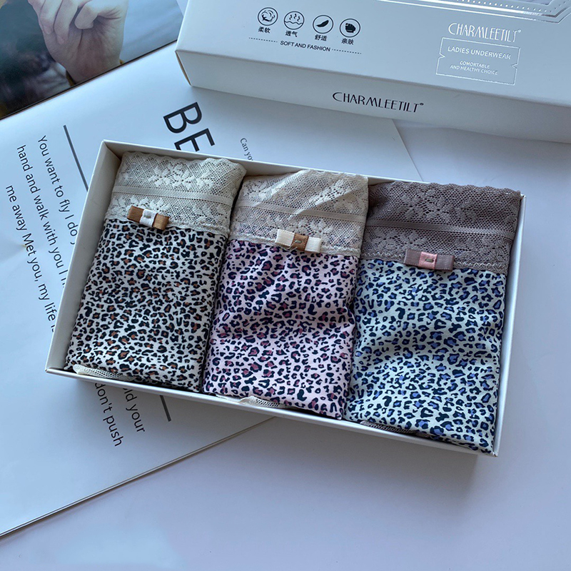 三条装浪漫豹纹性感内裤女高腰纯棉裆蕾丝包臀女士三角短裤