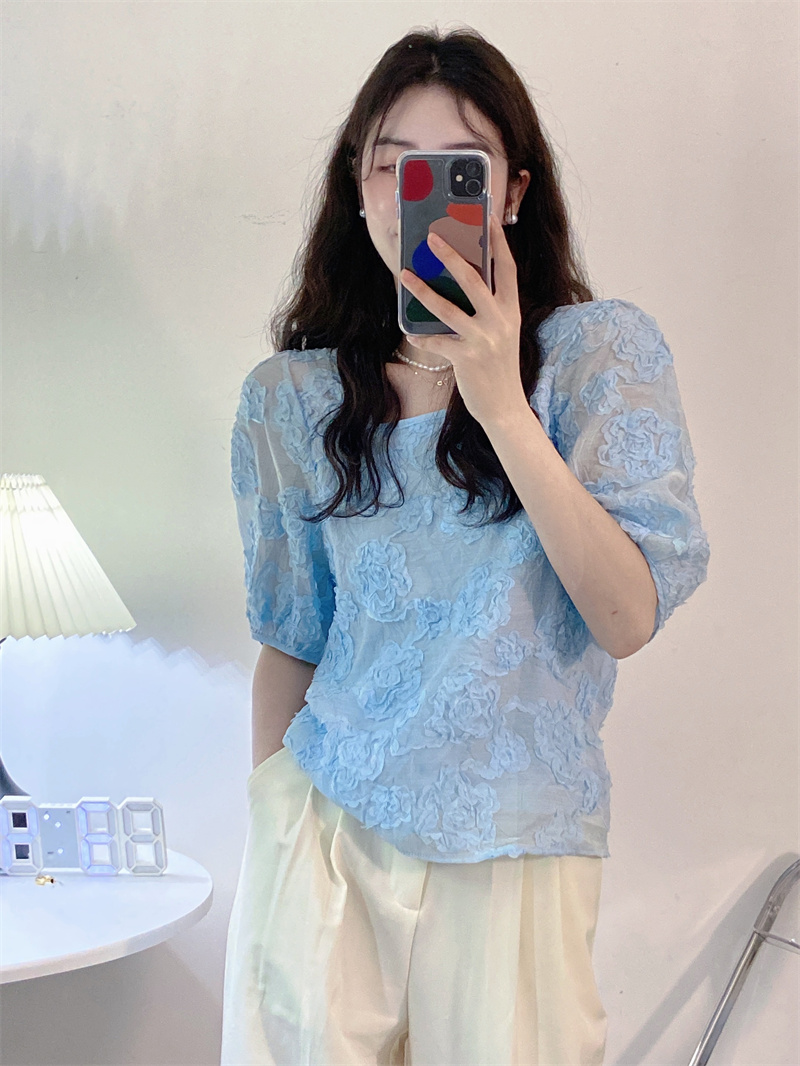 韩系方领减龄洋气拼接网纱立体花朵衬衫女纯色泡泡袖上衣