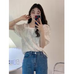 韩系方领减龄洋气拼接网纱立体花朵衬衫女纯色泡泡袖上衣